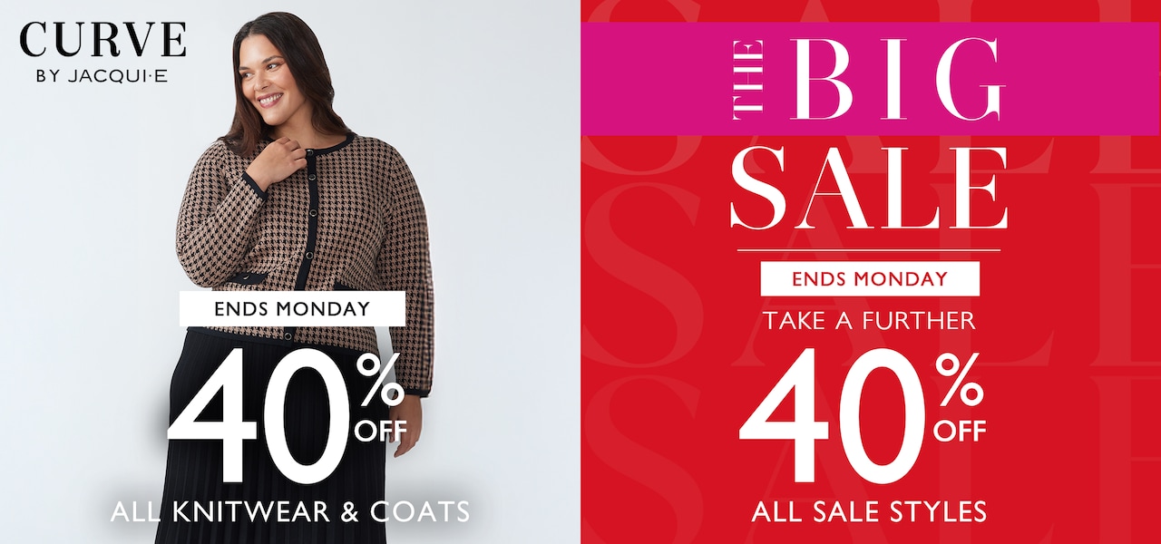 Curve By Jacqui E. Ends Monday. 40% Off All Knitwear & Coats |  The Big Sale. Ends Monday Take A Further 40% Off All Sale