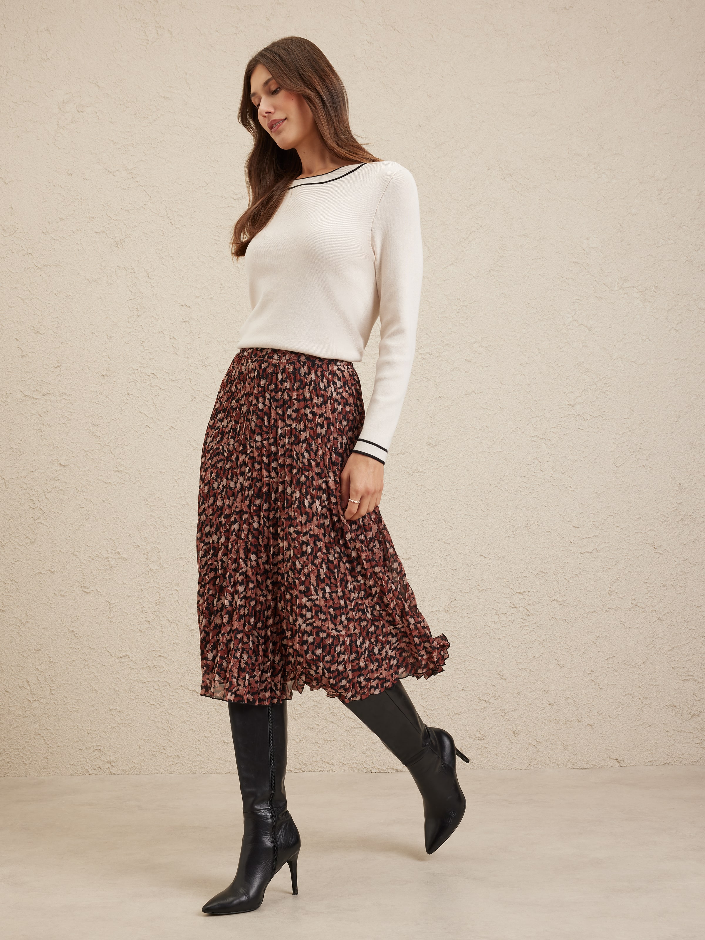 Chiffon Print Pleat Midi Skirt